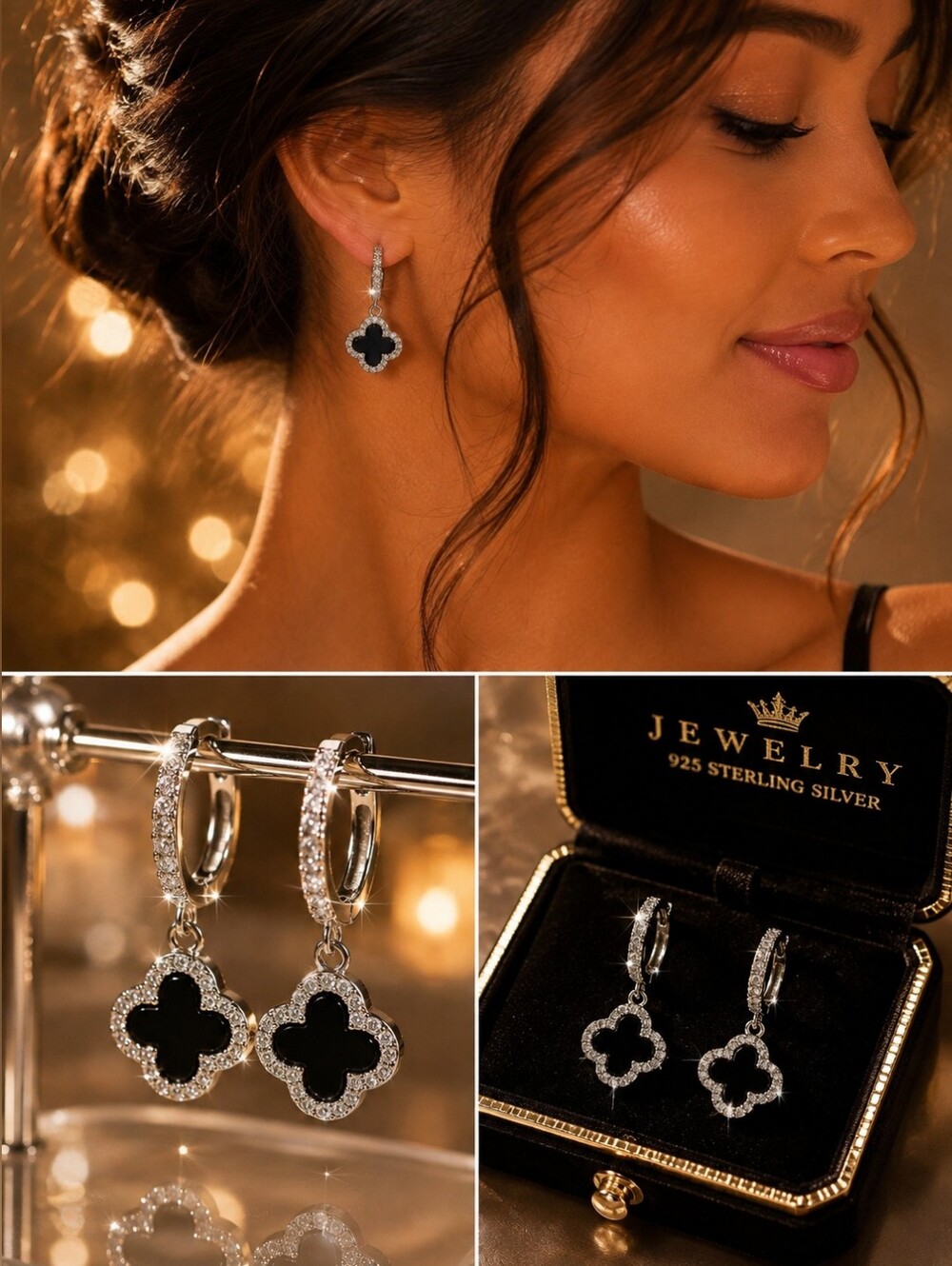 Vintage Brand Design Luck Black color Earrings Clover Charms.925 Sterling Silver